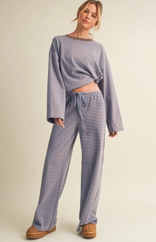 striped cotton lounge set - tan / blue