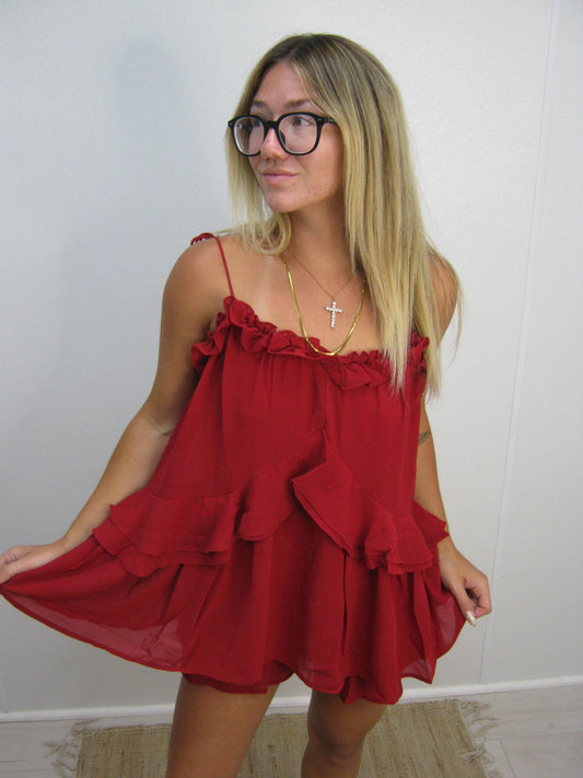 tristen tiered romper - dark red