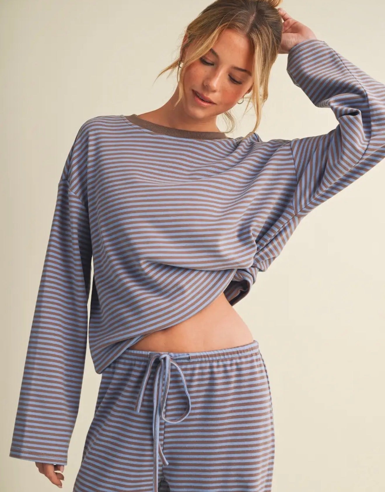 striped cotton lounge set - tan / blue