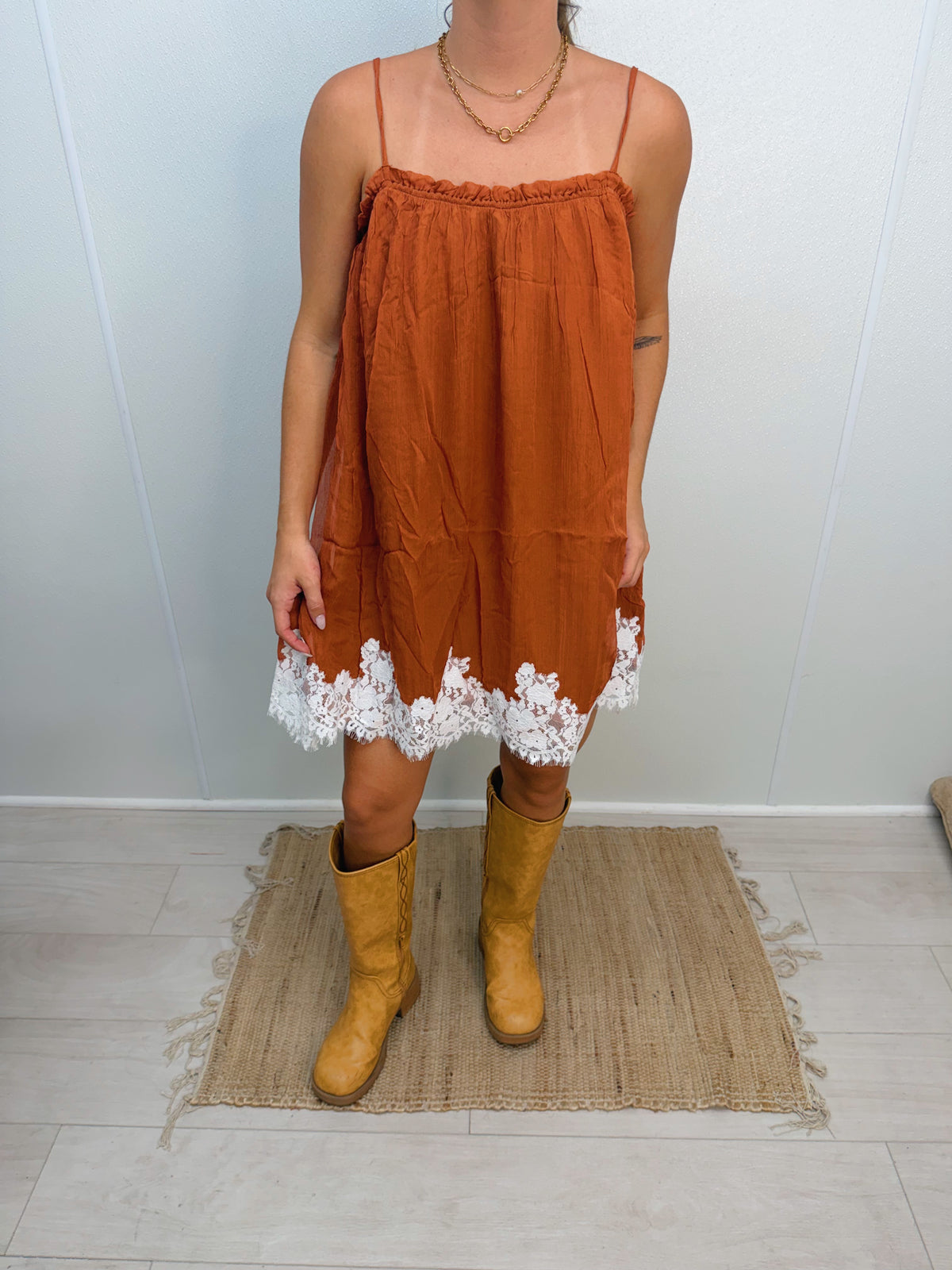 rust lace trim dress